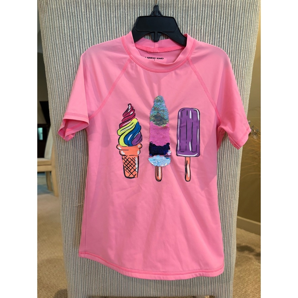 Lands End Kids Pink Ice Cream Flip Sequin Rash Guard Swim Shirt Size S 7-8